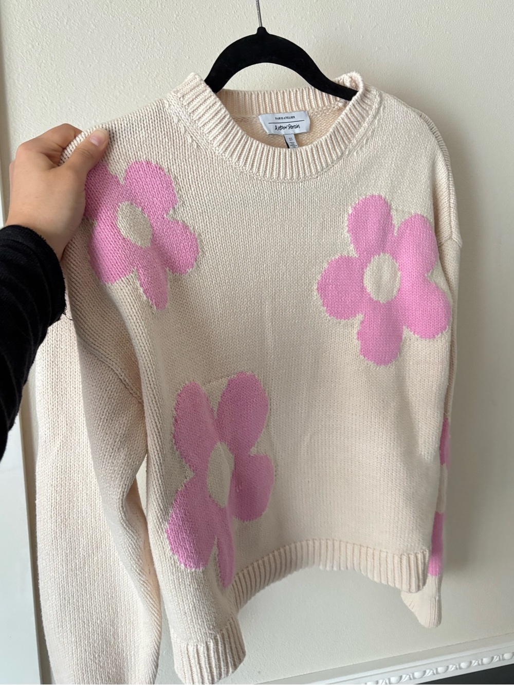 & Other Stories Cotton Cream Crewneck Sweater with Flowers Size Small - Picture 2 of 5